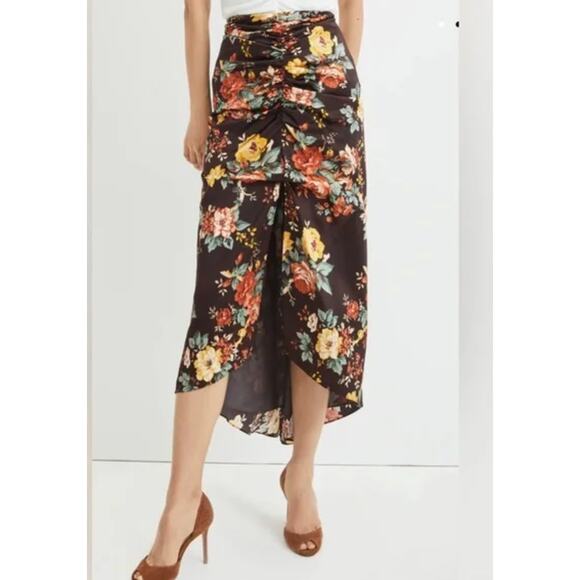 VERONICA BEARD Pixie Floral Ruched Silk Midi Skirt | Womens 0, Oxblood Brown - Picture 1 of 11